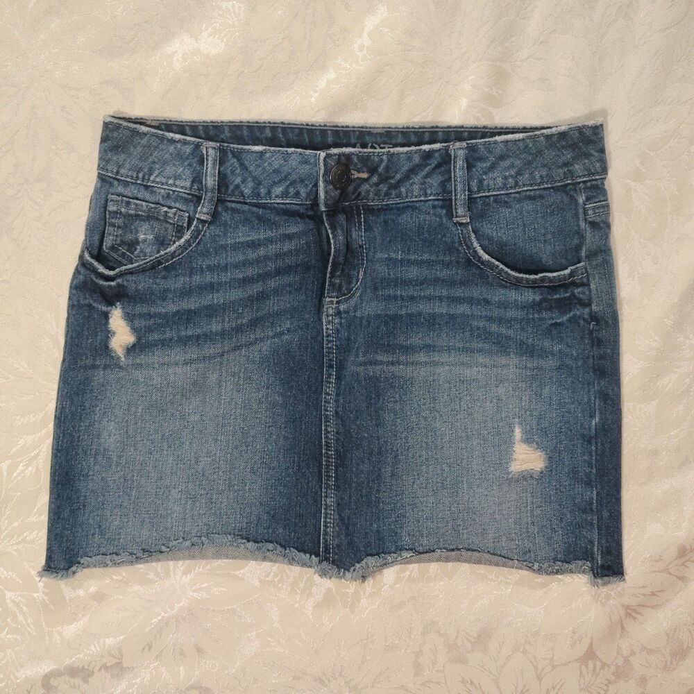 Apt 9 Denim Skirt Mini Frayed Raw Hem Y2K Distressed Jean Skirt 100% Cotton Sz 8